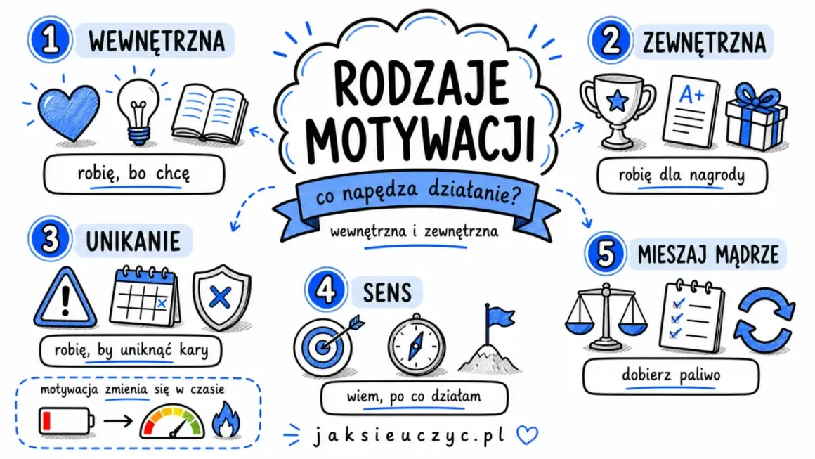 Rodzaje motywacji: wewnętrzna (robię, bo chcę), zewnętrzna (robię dla nagrody), unikanie (unikam kary), sens (wiem, po co działam) i mieszaj mądrze.