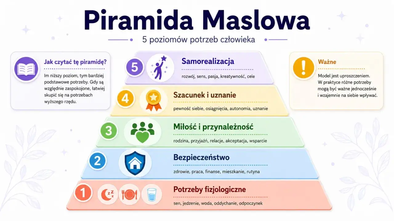Piramida Maslowa: 5 poziomów potrzeb człowieka. Od potrzeb fizjologicznych po samorealizację. Zrozumienie co to jest potrzeba pomaga w rozwoju.